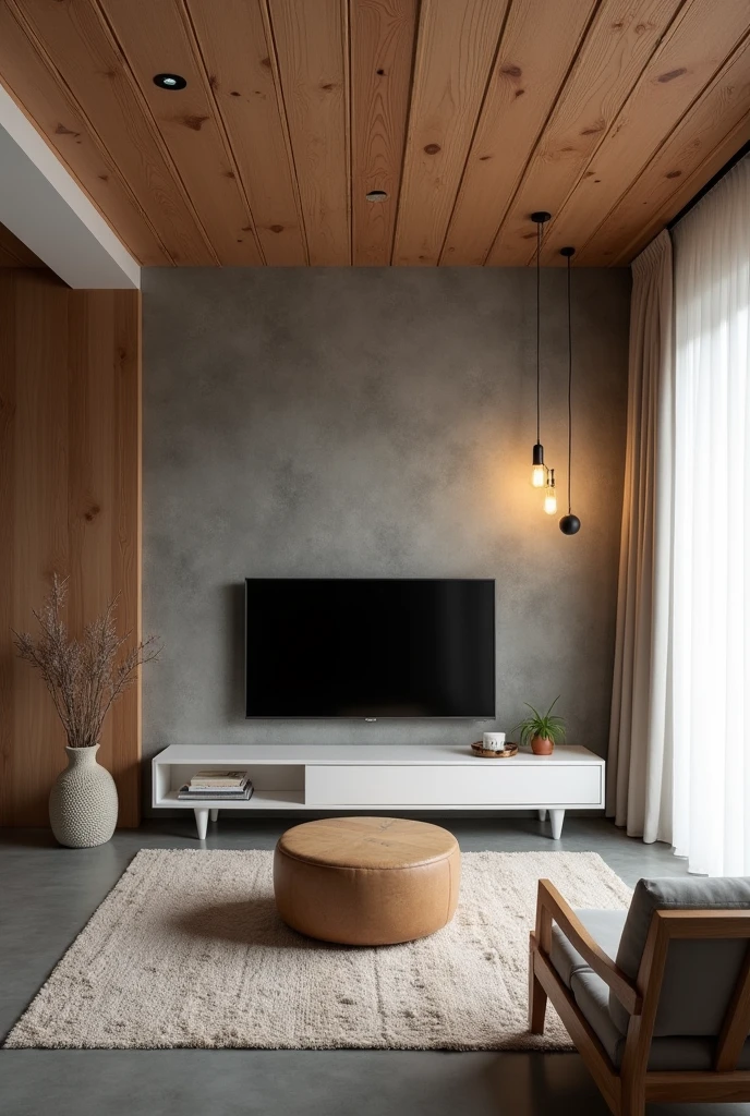 A residential room with a ceiling lined with wood-effect PVC in the color freijó, the gray floor, the wall with dark burnt cement effect, where is a television, on the right side a pendant light with two warm white bulbs, white curtain on the right side, white furniture with vintage style wooden details, with neutral white surface-mounted lamp.