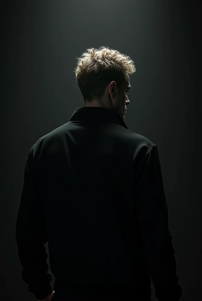 White man from behind short curly hair black clothes image in black color