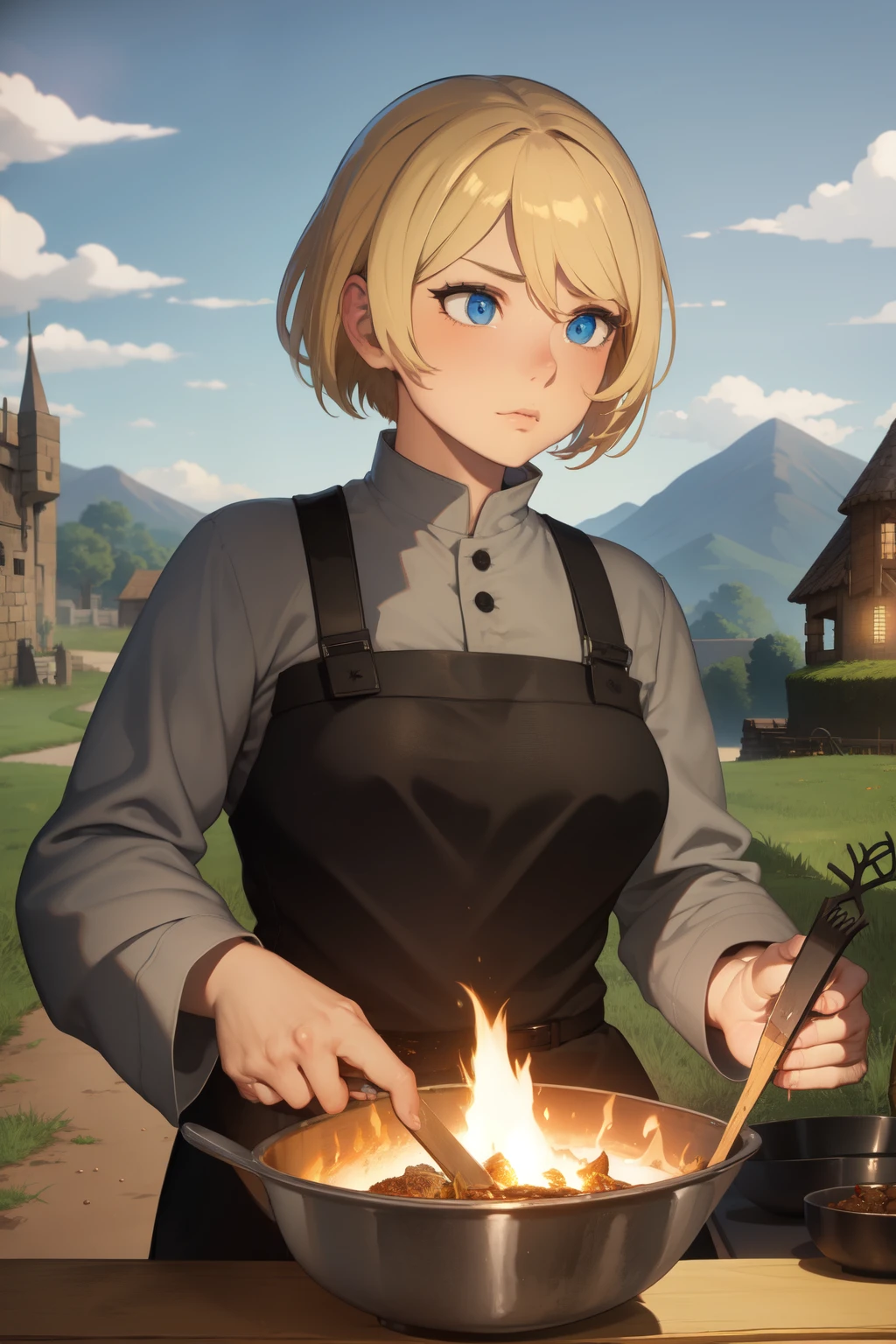 Dying from hunger, year 18, blonde hair, blue eyes, medieval, dark fantasy, exhausted, malnourished, dirty peasant apparel, burn village background, cooking