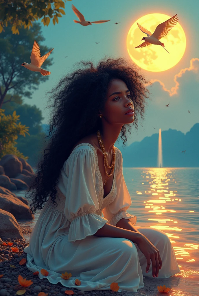 Create an image of'a Marabout named, Afro-Haitian, wavy hair, she is beautiful like the moon. an angel'le visage, innocent, Even if, frail. Cadre assise a cote de la rivière, very colorful, mischievous, luminous. Des oiseaux dans le ciel, water jet a little far away.