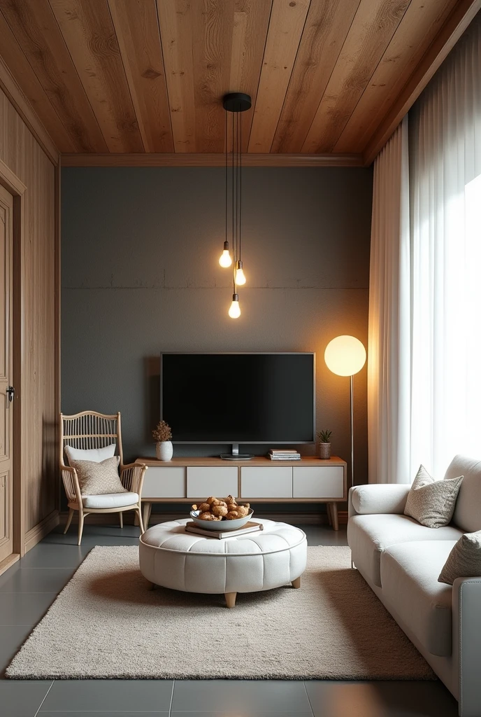 A residential room with a ceiling lined with wood-effect PVC in the color freijó, the gray floor, the wall with dark burnt cement effect, where is a television, on the right side a pendant light with two warm white bulbs, white curtain on the right side, white furniture with vintage style wooden details, with neutral white surface-mounted lamp.