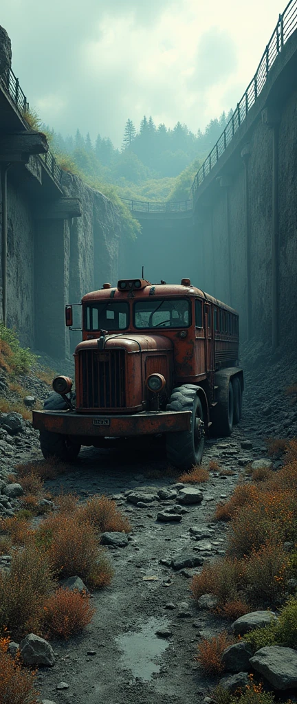 (Best Quality,4k,8k,High resolution, masterpiece:1.2),ultra detailed, sharp focus,(realist,photorealist,fotorrealista:1.37),extremely fine details, intricate details,vivid colors,intense colours,Deep contrast,cinematic depth of field,cinematographic composition,cinematic camera angle(Photography focused on abandoned industrial machinery.), abandoned coal mine landscape, machine placed, ((Trolleybus in ruins, 放置されたHeavy equipment, industrial waste)), quiet, , minimalist, industrial environment, Heavy equipment, spiderweb, dusty, Disturbing silence, crumbling walls, oxide, overgrown vegetation, Remnants of past activities, dark space, Broken window, colores quiets, mysterious atmosphere