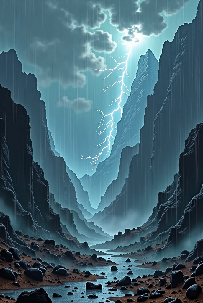1. The region "Aethoros's Fury" it is a wild and tumultuous land, reflecting the spirit of the sign of Aries. The storms are constant and violent, with lightning streaking across the dark sky and torrential rain turning the terrain into a field of mud and slippery rocks.
The environment is mountainous and rugged, with steep peaks and deep gorges, challenging the strength and courage of visitors. Wind currents are intense and unpredictable, forcing anyone to stay and