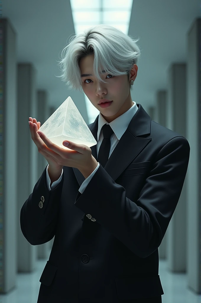 BTS's Taehyung with white hair wearing a black school uniform and holding a crystal pyramid in his hand
