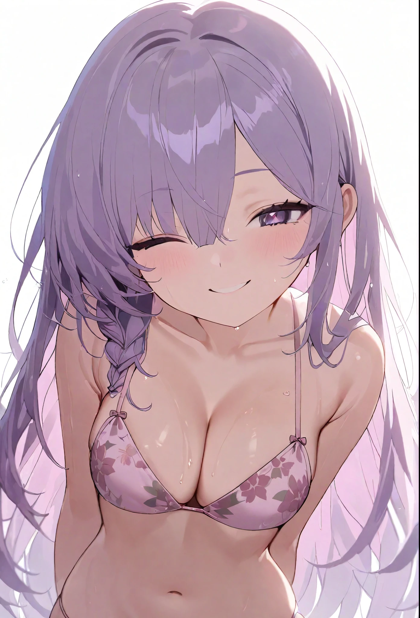 A beautiful detailed vtuber-style girl with expressive purple eyes and delicate facial features, wearing a pink floral print bikini that reveals her cleavage, navel, and shiny oiled skin. Her wet hair frames her face as she smiles slightly with one eye closed in a wink, her arms held behind her back, against a white background with dark intense shadows.