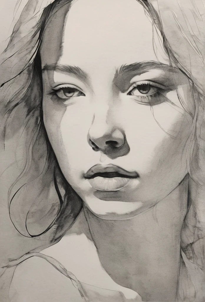 (highest quality, High resolution, masterpiece:1.2), Super detailed, actual:1.37, Black ink sketch, smooth lines, Expressive facial expressions and gestures, simple background, Emphasis on light and shadow and spatial perception, Plenty of negative space, young girl.Ink Portrait,smooth lines,Expressive facial features,Subtle emotions,Ink strength comparison,simple background,Emphasis on light and shadow,wide々It was,Plenty of negative space,peaceful atmosphere,peaceful atmosphere,feels like a dream,Delicate yet fascinating details,pastel colour,Calm and introspective,An elegant gesture,Gentle movements,Calm and innocent,Elegant Whisper,quiet and elegant,shining,sublime beauty,Vector illustration,black and white,Natural and Organic,Nourish、Calming the mind,Sublime simplicity,fantastic charm.