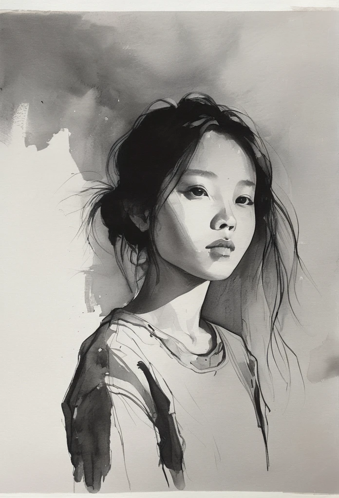 (highest quality, High resolution, masterpiece:1.2), Super detailed, actual:1.37, Black ink sketch, smooth lines, Expressive facial expressions and gestures, simple background, Emphasis on light and shadow and spatial perception, Plenty of negative space, young girl.Ink Portrait,smooth lines,Expressive facial features,Subtle emotions,Ink strength comparison,simple background,Emphasis on light and shadow,wide々It was,Plenty of negative space,peaceful atmosphere,peaceful atmosphere,feels like a dream,Delicate yet fascinating details,pastel colour,Calm and introspective,An elegant gesture,Gentle movements,Calm and innocent,Elegant Whisper,quiet and elegant,shining,sublime beauty,Vector illustration,black and white,Natural and Organic,Nourish、Calming the mind,Sublime simplicity,fantastic charm.