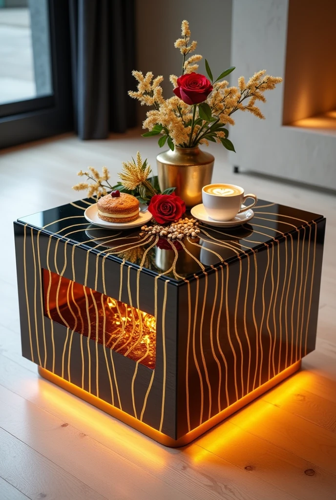 Small square coffee table, perfect for serving coffee, handcrafted with a two-way mirror glass top, creates a stunning visual effect resembling an endless deep tunnel, lit from within by warm orange LED lighting. The sides are covered in an epoxy layer interspersed with shiny gold stripes, giving a luxurious touch and a look that resembles flowing waves.. Gold stripes extend across the sides to complement the stunning artistic design.. The table is decorated with simple decorations such as golden swags, small flowers, a cake, nuts, a red rose, and a tea cup.. The table is placed on a light-coloured wooden floor, enhancing the contrast between modern design and classic luxury.. The table combines elegance and simplicity, making it a distinctive piece of art in any room or living room.