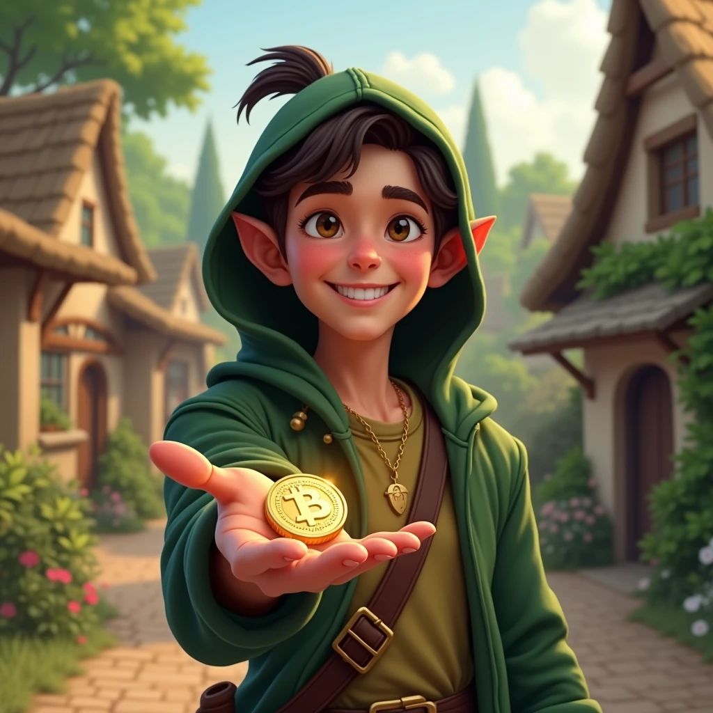 Smiling and Holding Crypto coin Robin Hood looking to the camera in village