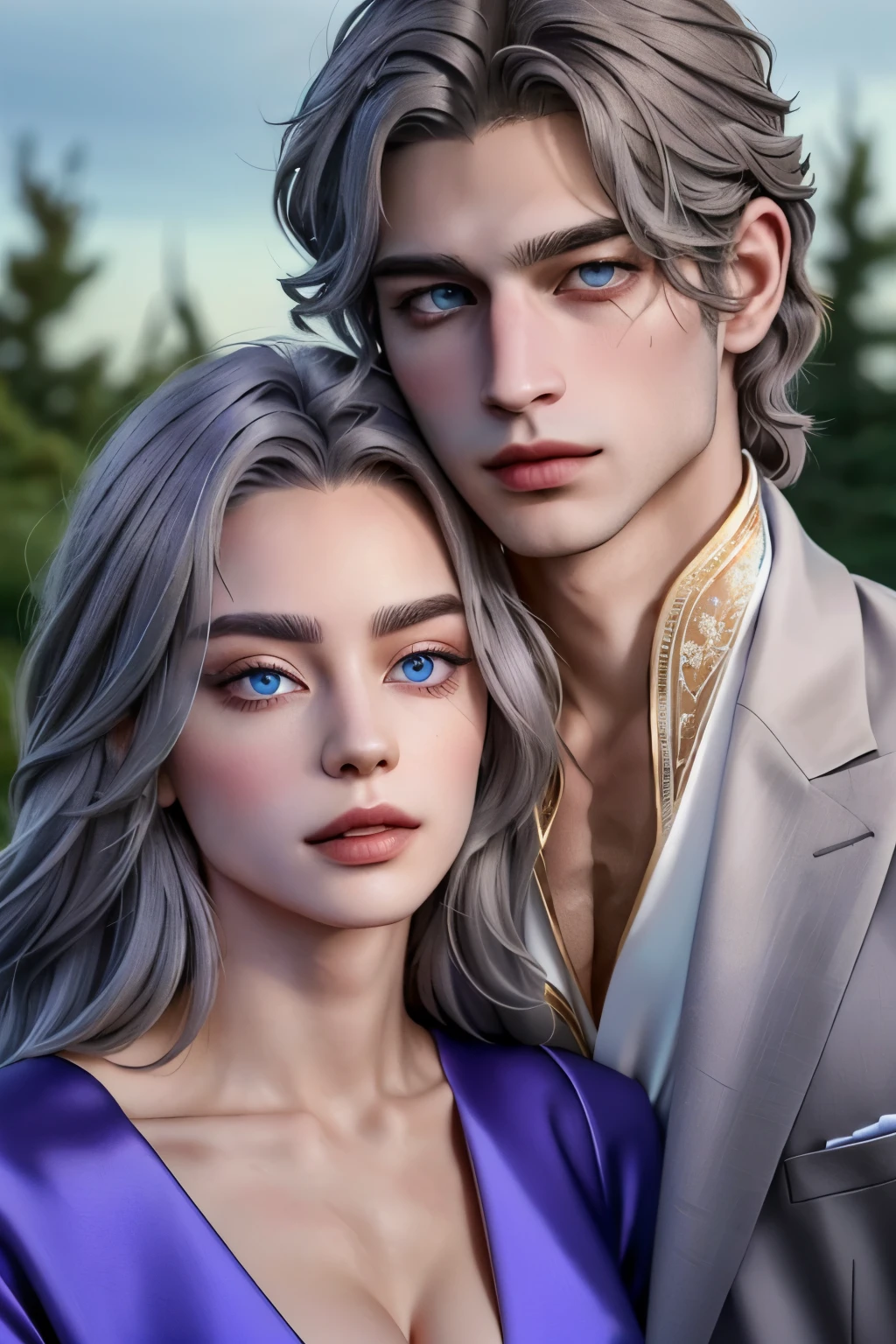 ((hyper realistic)), (masterpiece), (5K), (best quality), detailed,(perfect face), 2d Couple, ((a young gray hair couple)), ((a gray long hair woman , vivid eyes, small boobs, purple dress)), brown eyes, ultra well detailed eyes, ((a short gray hair guy, wearing a prince cloth, royal clothes)),((a man with a short hair)), beautiful couple pose, (summer night walk),((perfect eyes))