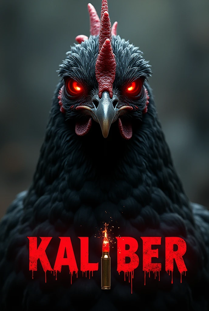 Non realistic all black red eyed chicken with a bullet going through the word kaliber below it
