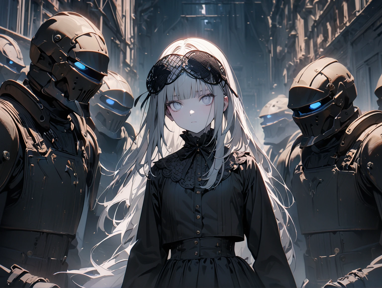 (8k, best quality, master piece: 1.2), super high resolution,1 girl,solo,16yo,ultra-detailed face,detailed eyes,silver eyes,blunt bangs,silver hair,Straight Hair,Long Hair,pale skin,long sleeve petal collar blouse,black Fascinator,Tiered skirt,expressionless,Surrounded by bodyguards