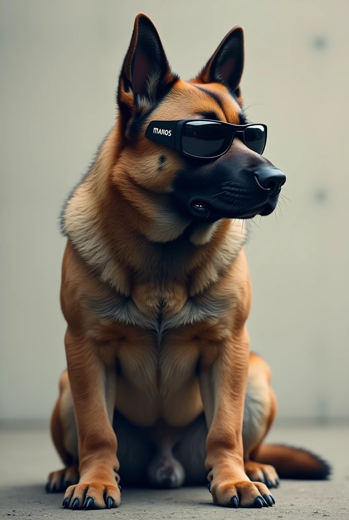 Large dog looking right with tactical glasses brand manos




