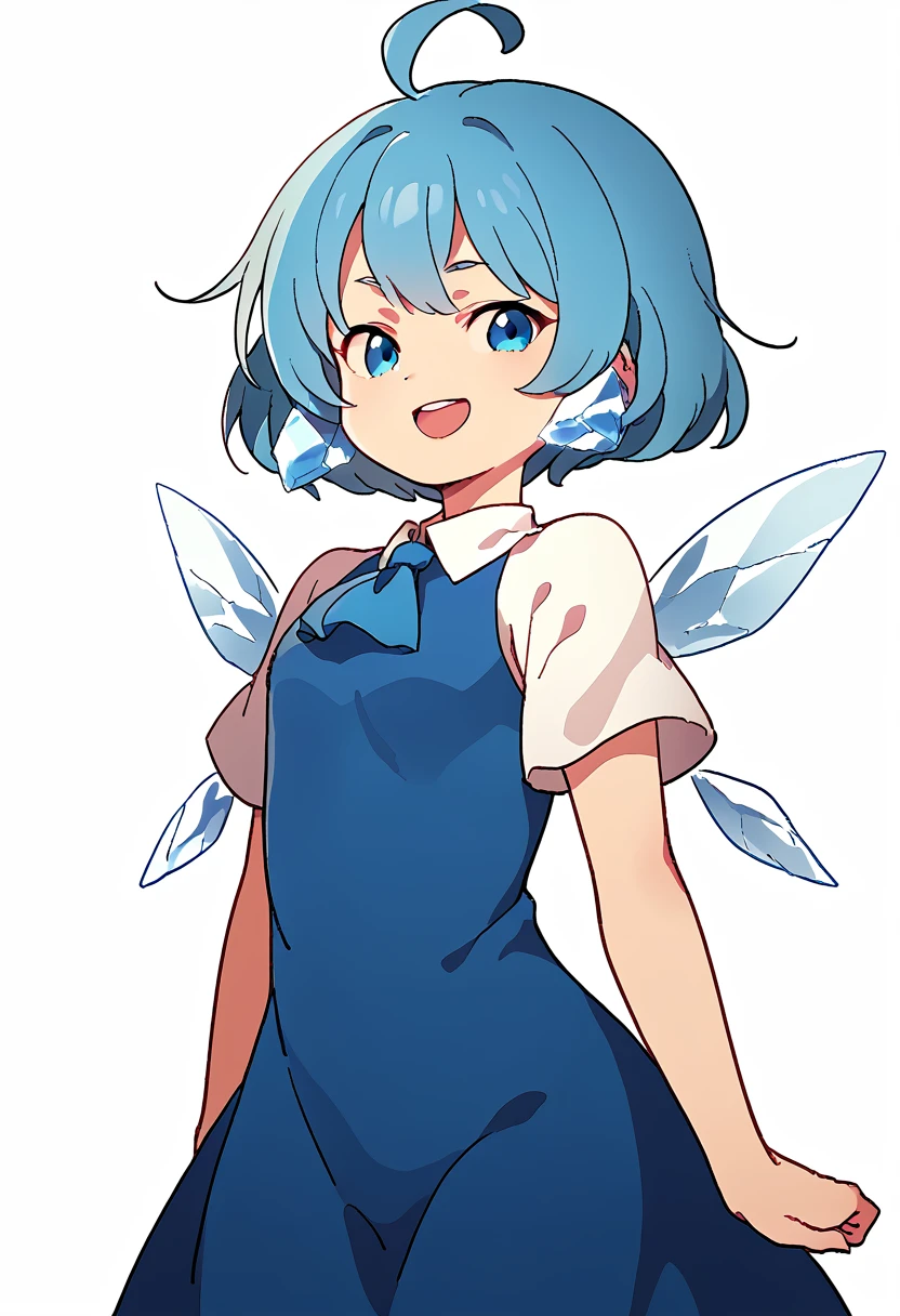 score_5_up, score_6_up,  source_anime,
1girl, solo, cirno, blue bow, smug, open mouth, blue hair, bow, wings, white background, blue eyes, hair bow, ice wings, short hair, ice, simple background, blue dress, dress, looking at viewer, short sleeves, ascot, shirt, ahoge, white shirt