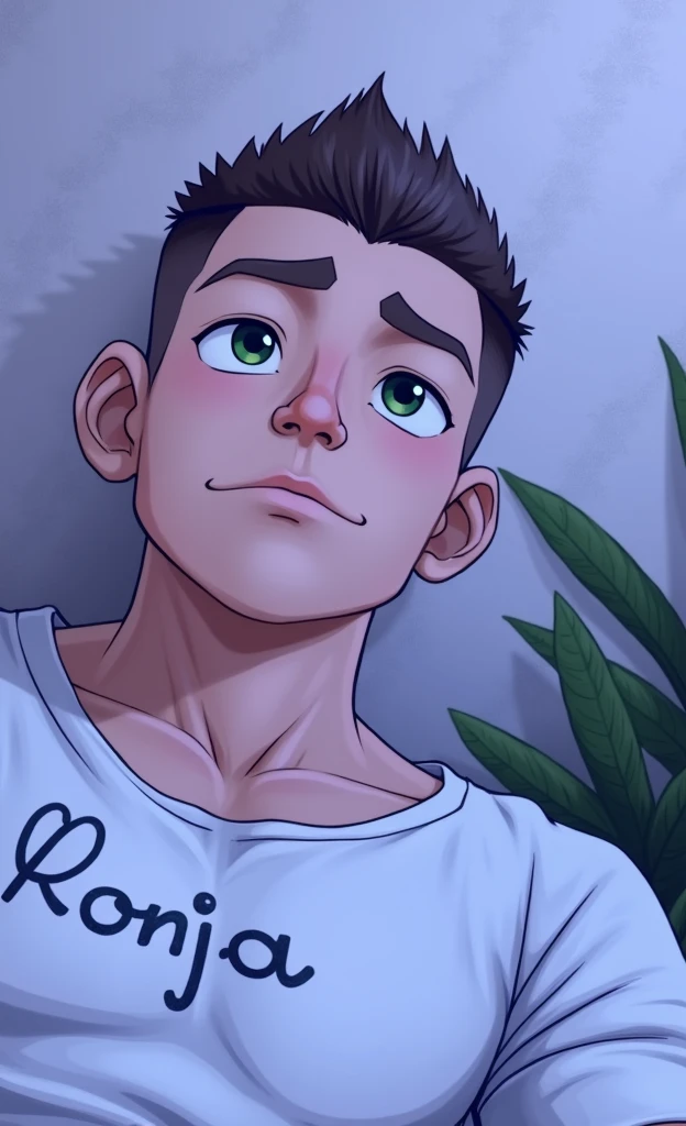 Boy with short brown hair showing his muscles, sixpack, shaved, he has a tatto on his chest where stands Ronja, jawline, big nose, green eyes, Realistic photo
