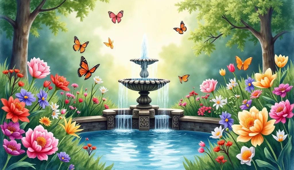 watercolor painting of a beautiful garden with flowers fountains and butterflies as if it were a painting