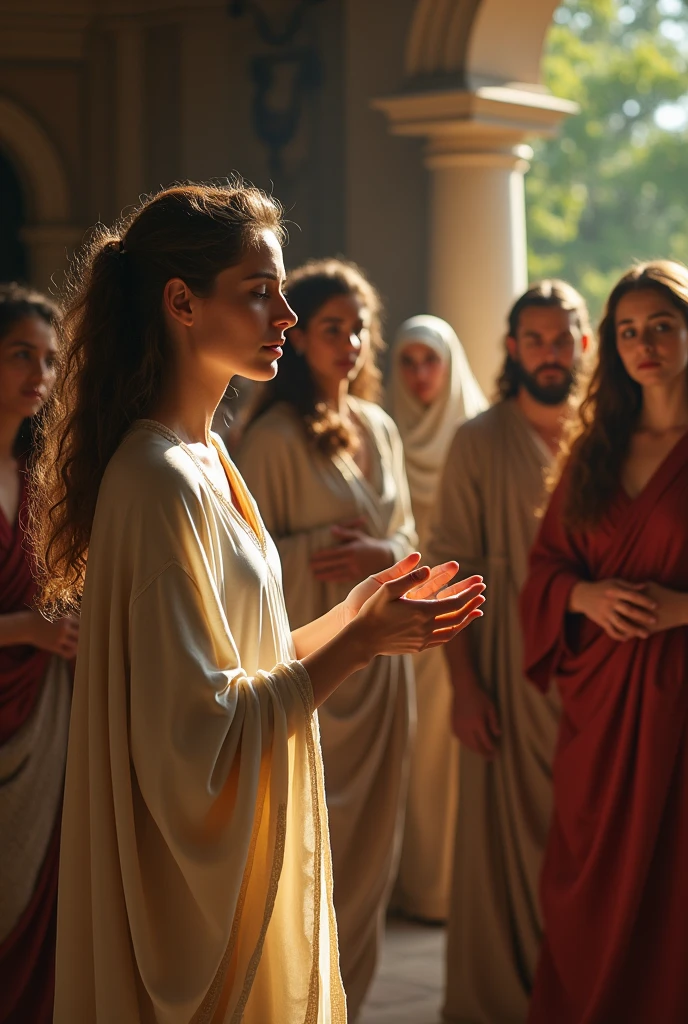 In the heart of an ancient villa, a woman with her friendsin a house. Her expression is one of reverence and contemplation, adding a sense of mystery to the scene. This high-resolution painting captures the moment with exquisite realism, showcasing the woman's flowing robes and ethereal beauty. The composition is in biblical symbolism, inviting viewers to ponder the significance of the event. Ensure that the image depicts the thematic concept of lost coin story and is visually appealing and eye-catching. hyper detailed, dynamic color , wearing a tunic, super emotional image, Great quality and realistic image, the epic scene, hiper realistic, blockbuster, high detailed, , 4K photography, 50mm f/1.8 lens, high details, high face details, high hands details, perfect hands, soft illumination, high quality, natural light, stunning blockbuster background, dynamic angle
