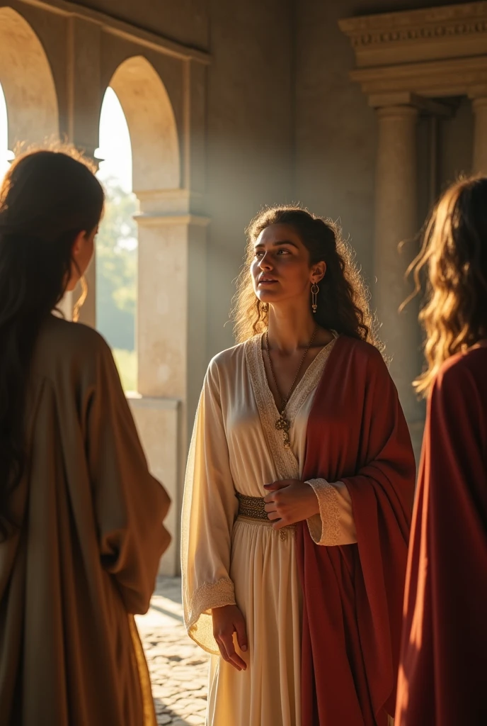 In the heart of an ancient villa, a woman with her friendsin a house. Her expression is one of reverence and contemplation, adding a sense of mystery to the scene. This high-resolution painting captures the moment with exquisite realism, showcasing the woman's flowing robes and ethereal beauty. The composition is in biblical symbolism, inviting viewers to ponder the significance of the event. Ensure that the image depicts the thematic concept of lost coin story and is visually appealing and eye-catching. hyper detailed, dynamic color , wearing a tunic, super emotional image, Great quality and realistic image, the epic scene, hiper realistic, blockbuster, high detailed, , 4K photography, 50mm f/1.8 lens, high details, high face details, high hands details, perfect hands, soft illumination, high quality, natural light, stunning blockbuster background, dynamic angle