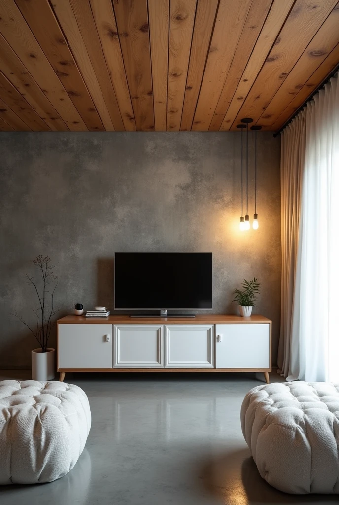 A residential room with a ceiling lined with wood-effect PVC in the color freijó, the gray floor, the wall with dark burnt cement effect, where is a television, on the right side a pendant light with two warm white bulbs, white curtain on the right side, white furniture with vintage style wooden details, with neutral white surface-mounted lamp.
