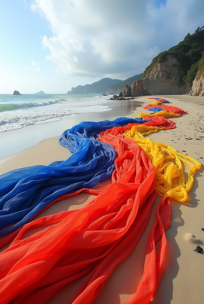 Land art on the beach with fabrics