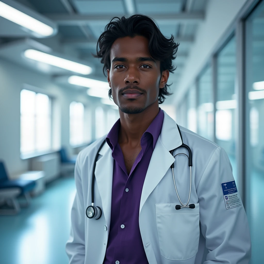 Photograph headshot, hair wavy side part, very tall French featured male model, shaved, toned body, ebony skin, vibrant purple eyes, tall thin toned body. Gentle smile expression. Doctor coat, dark purple shirt, modern sci-fi hospital office.