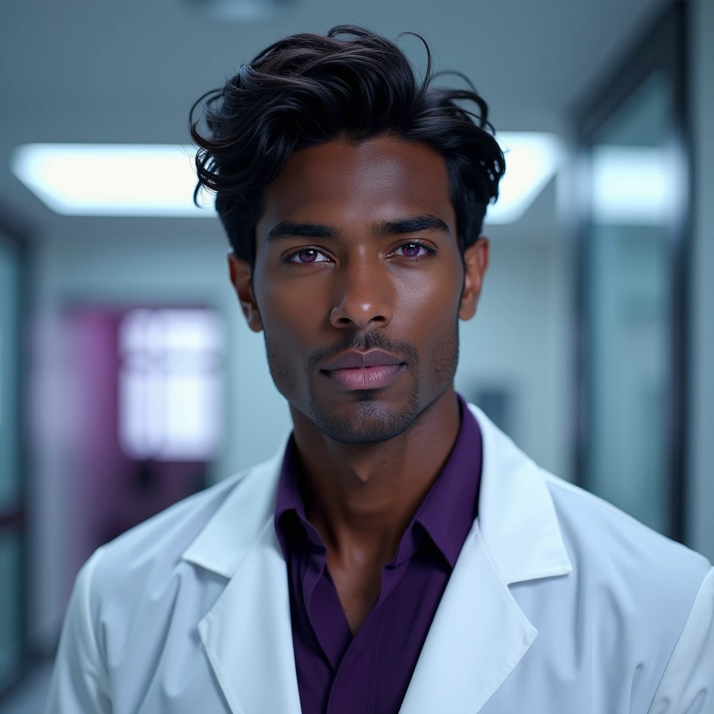 Photograph headshot, hair wavy side part, very tall French featured male model, shaved, toned body, ebony skin, vibrant purple eyes, tall thin toned body. Gentle smile expression. Doctor coat, dark purple shirt, modern sci-fi hospital office.