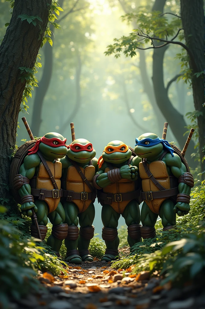 Teenage Mutant Ninja Turtles tired from walking through the forest