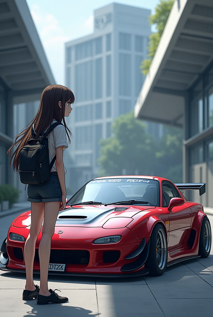 As the anime character Komi san right next to a modified Mazda RX-7 car