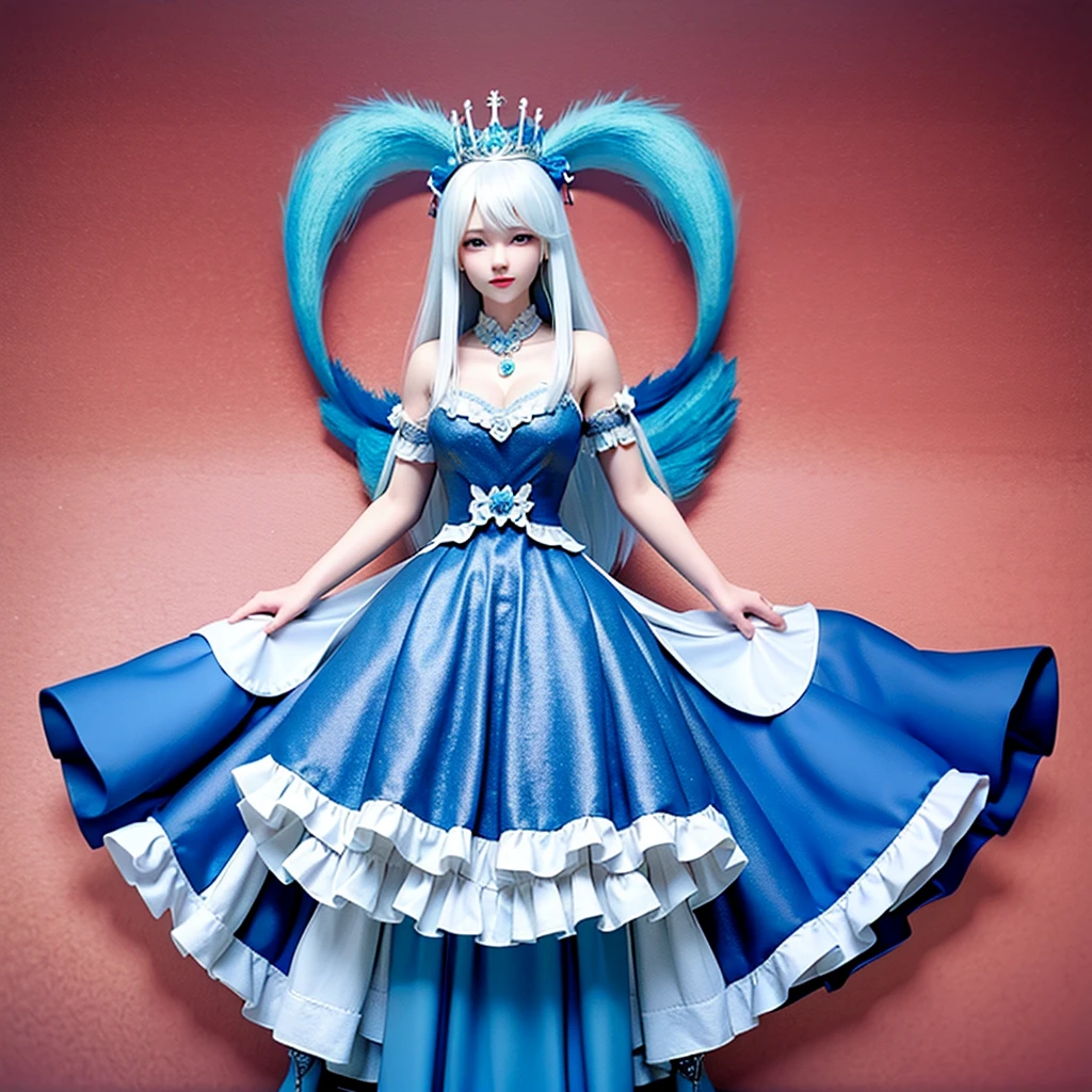 A princess with long white hair, with a short blue dress and blue heels