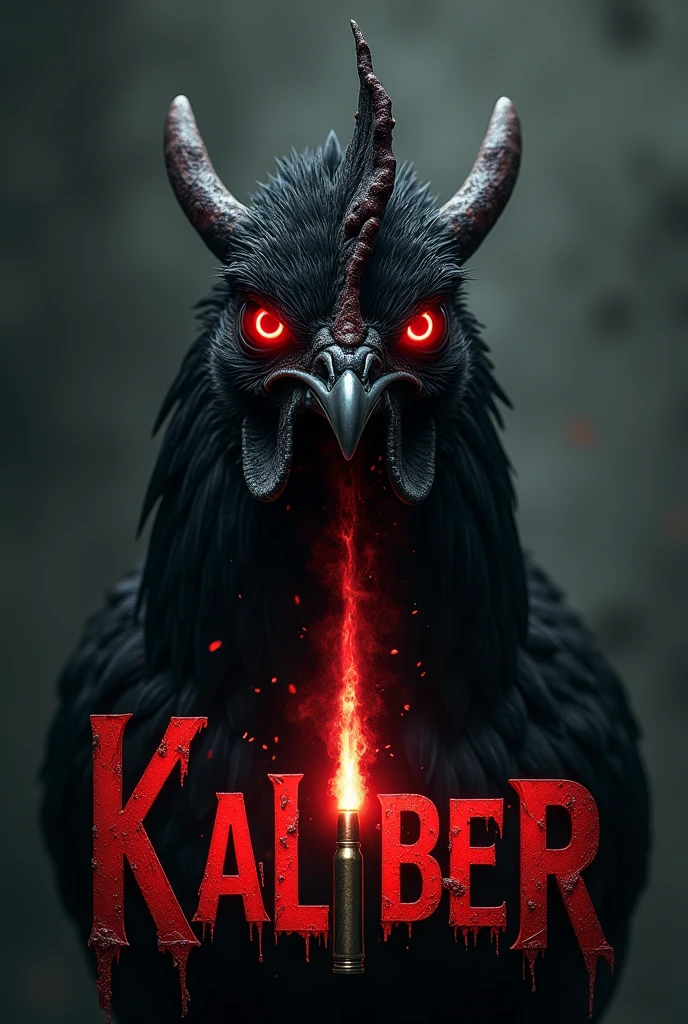 Non realistic all black red eyed chicken with a bullet going through the word kaliber below it