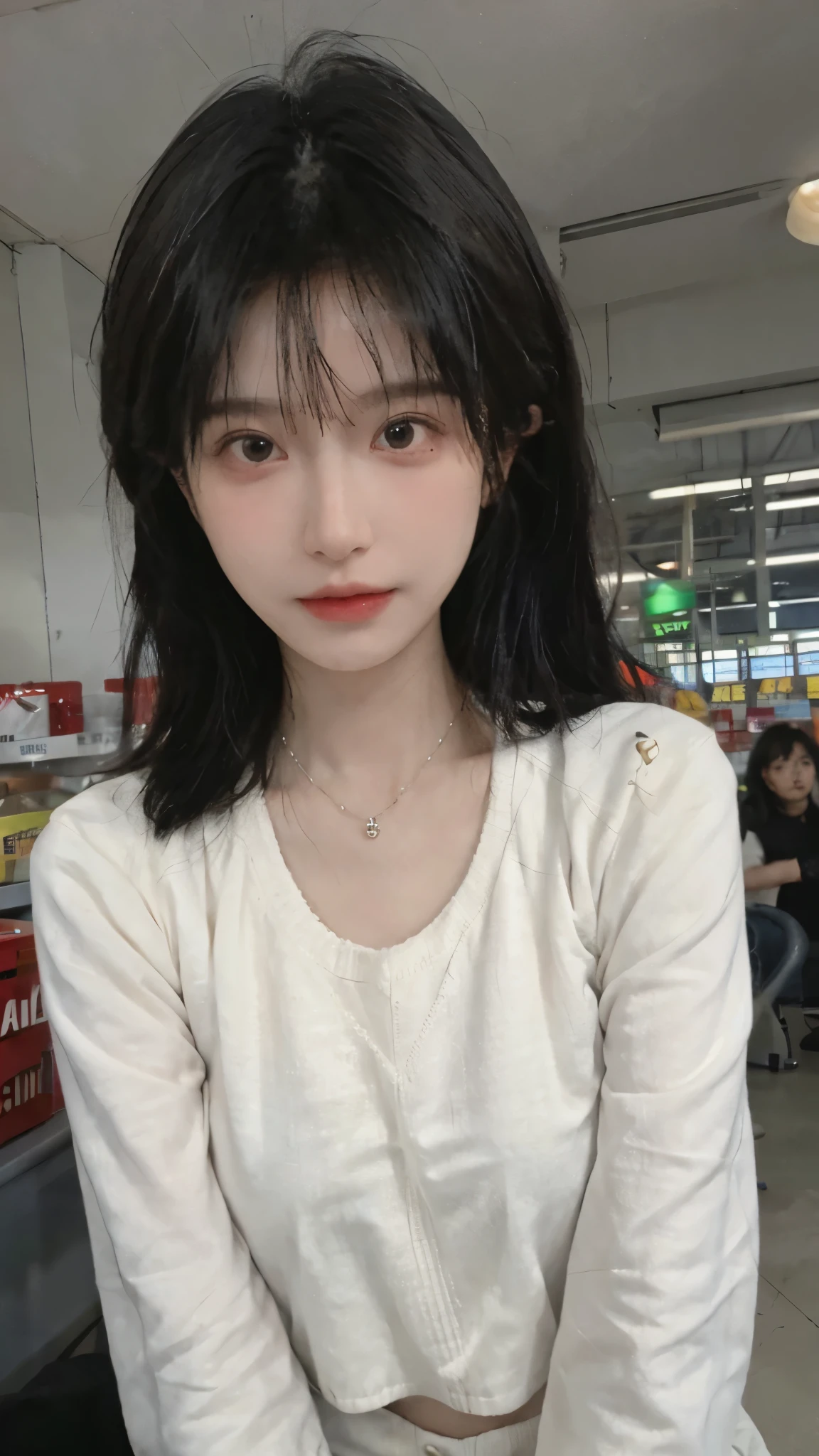 Best quality，Ultra-high resolution,(Realism:1.4)，Cute hairpins，girll,Cropped black sweater，Look directly at the audience，Full of atmosphere，Beautiful woman with a slim figure:1.4，supermarket，whole body，Super delicate face，Exquisite eyes，Double eyelids，necklace