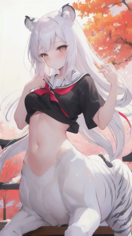 (best quality, masterpiece), 1 girl, centaur, I beg, White skin, Japanese schoolgirl,daughter,black pink, sexual intercourse, exposing the abdomen, belly button t-shirt , Beautiful girl perfect white tiger photo, Perfect wild tiger photo