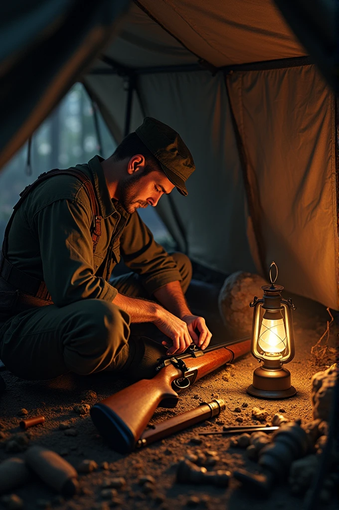 soldier, bolt action rifle, cleaning, maintenance, tent interior, single oil lamp light