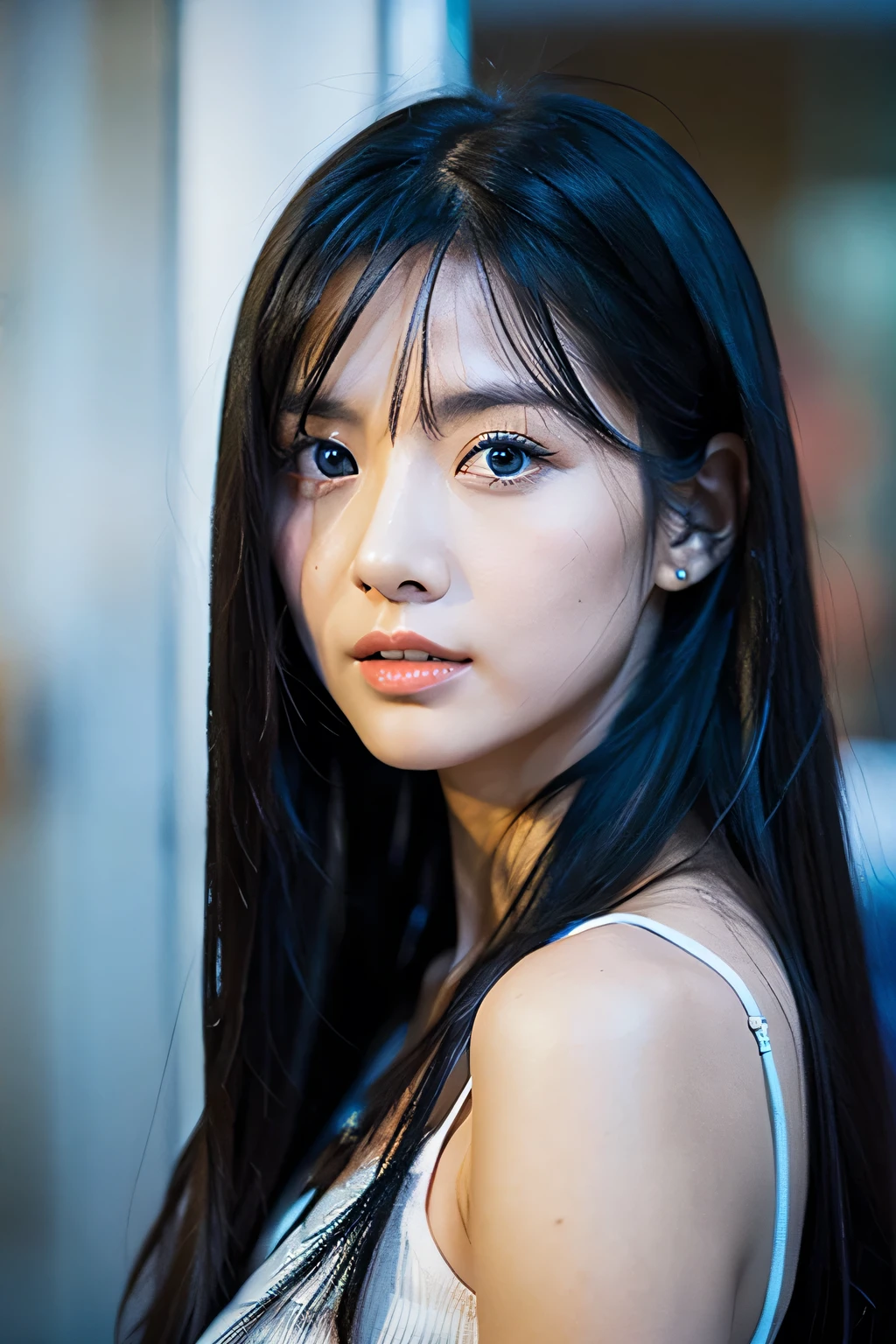30 YEAR OLD WOMAN WITH LONG BLACK HAIR AND MIXED BLUE EYES