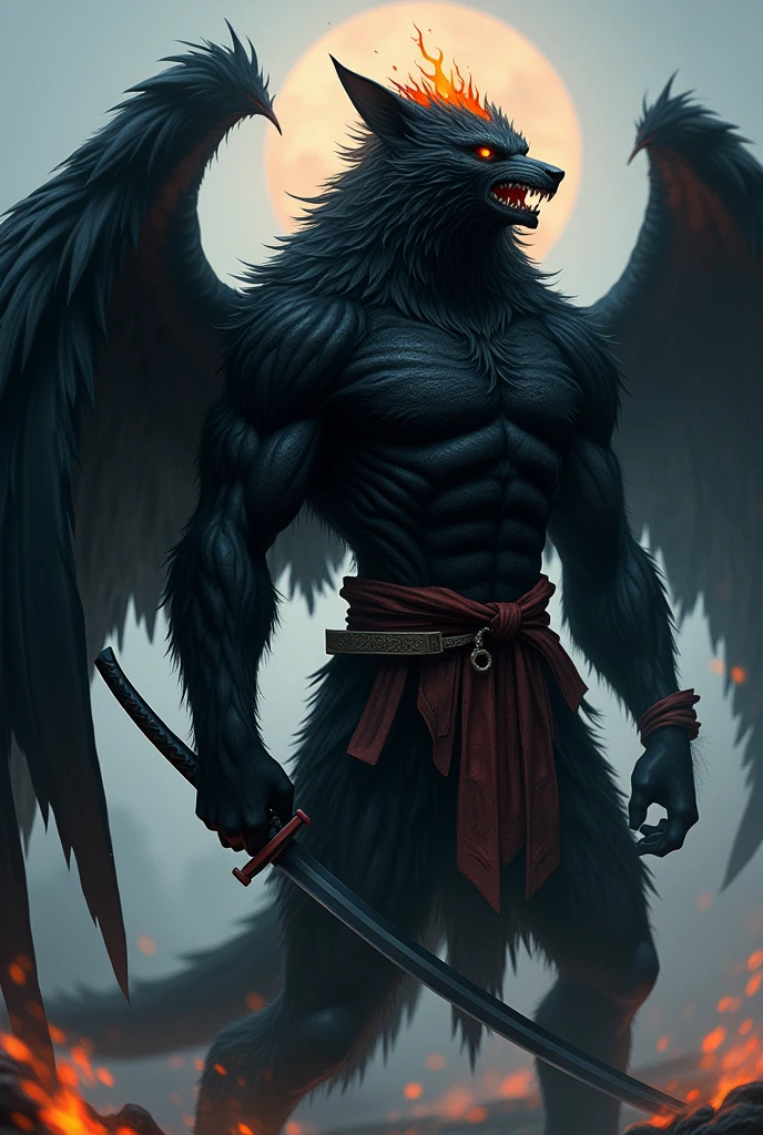 black werewolf,gigant ass , Profile, vestido kamishimo, two katanas, black wings, back of head on fire.