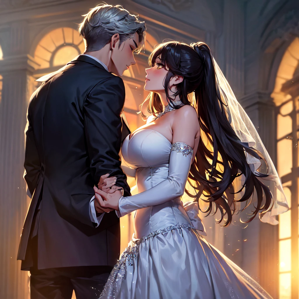 masterpiece, Best quality, masterpiece, Best quality, masterpiece, Best quality, masterpiece, Best quality, high quality, detail_skin, Beatifull_hair, detail_hair, Beatifull_hands, hands_detail, High detail, Ultra detail, HD, 4k, 4280x2240, depth field, (HDR:1.9), Correct anatomy, a masculine boy with short hair black hair abundant brown eyes with full wedding suit from groom to gentleman's suit and Palto flu pants and a girl with very long hair messy hair curly hair wavy hair (((silver hair))) high ponytail with yellow eyes in wedding dress, Dream wedding dress. love. Hand in hand looking at the New Year's sunset sunrise while kissing at church wedding with wedding rings on boy finger and wedding rings on girl finger and smiles, detail, ultra-detail, correct_position, correct_texture, correct_colors, correct_shading, correct_cgi, correct_body, correct_anatomy, correct_proportion, (correct_complete_body), source_anime,score_6_up,score_7_up,score_8_up,score_9, (Beautiful eyes), (detail_eyes), Eyesclothing cutout, veil,see-through,wide sleeves, white leotard,long sleeves,frilled sleeves,frills,bridal veil, Detailedface, artist(ReDrop), Romántica style sleve, EasyNegative_pt , beatifull_detail,