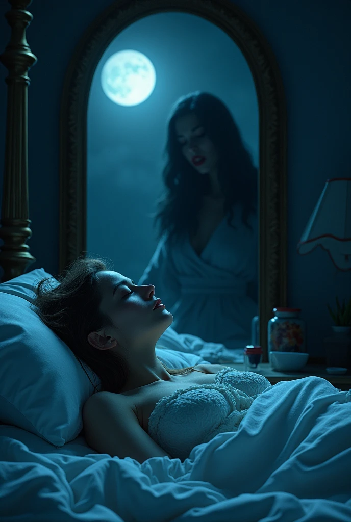 Woman sleeping in a bed with a mirror behind her leaving a possessed woman in the middle of the night with a full moon