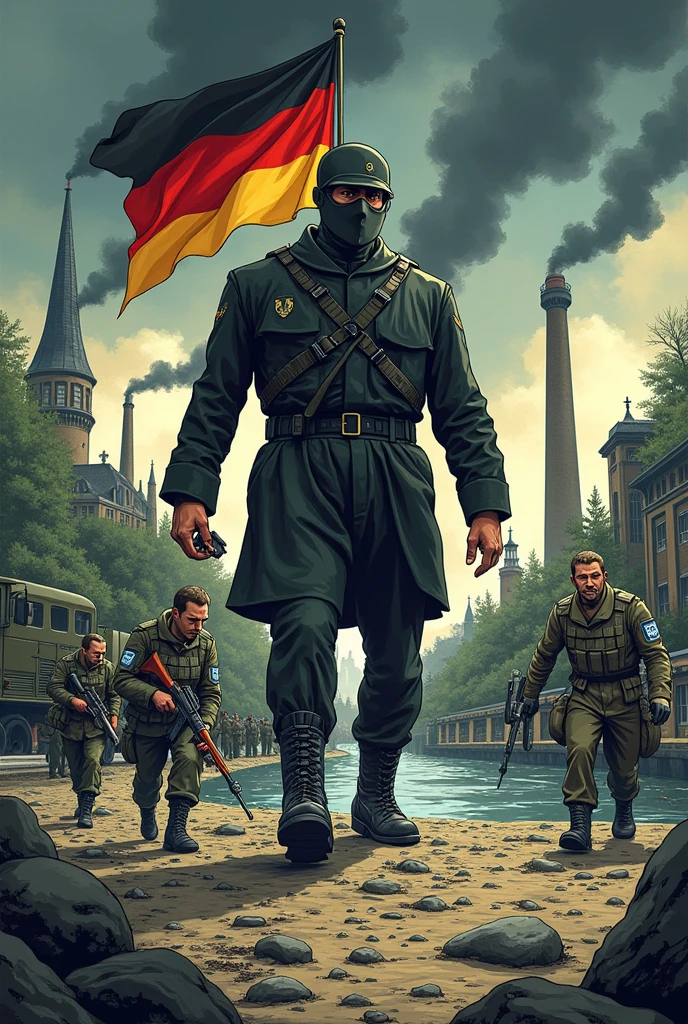Illustrate the impact of germany's reoccupation of the Rhineland on neighboring countries like france and belgium in a cartoon
