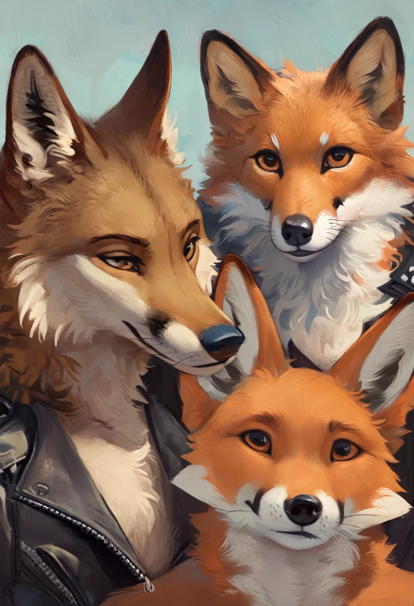 a close up of a painting of a fox wearing a leather jacket, portrait of an anthro fox, anthro portrait, stylised fox - like appearance, an anthropomorphic fox, an anthro fox, furry character portrait, anthropomorphic fox, anthro art, anthropomorphic coyote male, masterpiece anthro portrait, anatomically correct vulpine