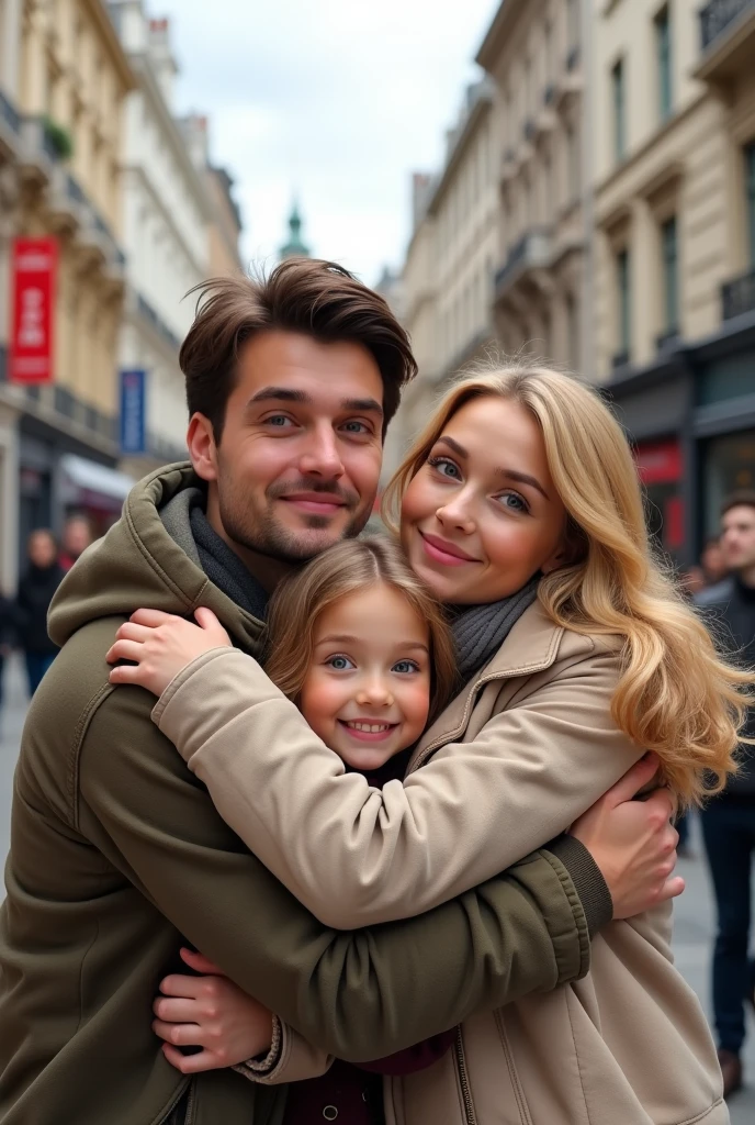 Blonde child , blue eyes very long hair hugging her father, brown hair and eyes and her mother blonde green eyes long hair taking a selfie on the streets of London 8k ultra realistic