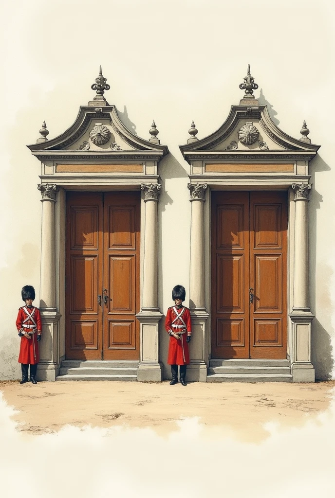 drawn in the form of a colored drawing, two brown doors separated from each other and two guards standing