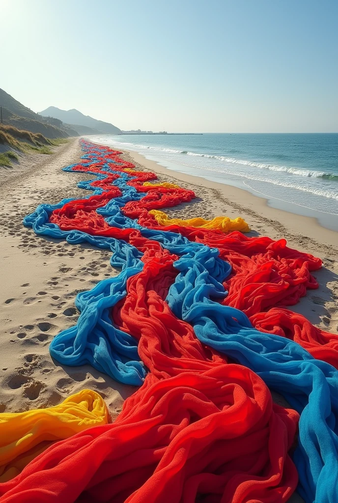 Land art on the beach with fabrics