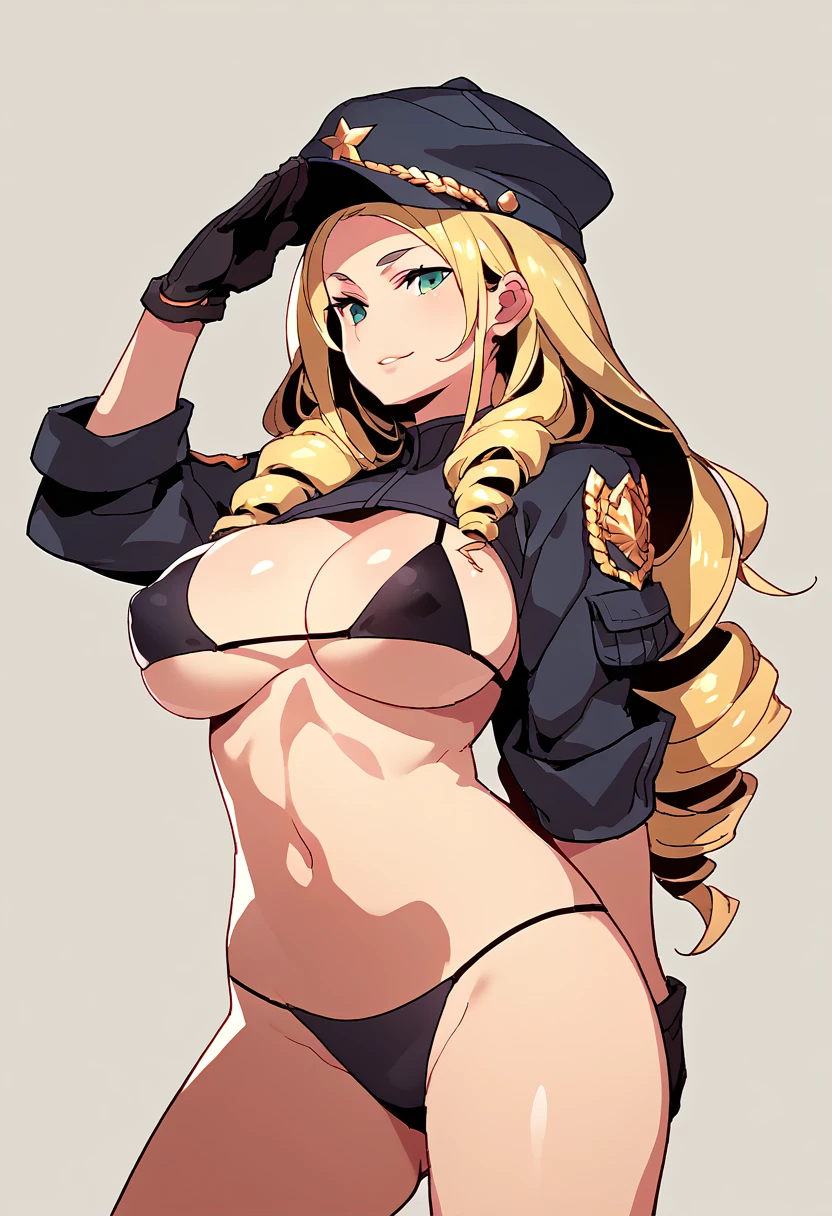 score_5_up, score_6_up, score_7_up, source_anime,
 1girl, solo, standing, salute, arm behind back, wearing (black bikini, black gloves, cap), long hair, drill hair, large breasts, covered nipples, simple background