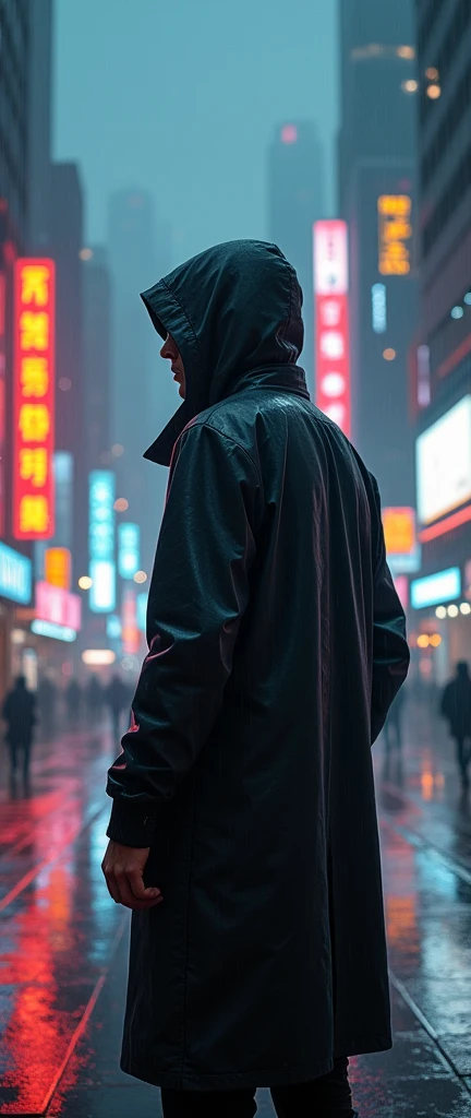 wide and far shot, ((a man in a black trench coat with a hood, return to camera:1.5)), standing on the rainy street, looking at a futuristic city at night, a dark cityscape with neon lights (Best Quality, 4k, 8k , High resolution, masterpiece: 1.2), ultra detailed (realist, photorealist, photorealist: 1.37), cinematic lighting, dramatic shadows, moody atmosphere, intricate details, Bright city lights, advanced technology, Retro-futuristic architecture, dynamic pose, hood that casts shadows on the face, intense look
