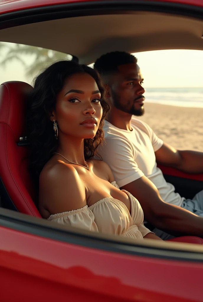 (photorealism:1.2), beautiful brown skin woman, sitting in a Ferrari with me ( her black skin musculated boy wearing white t-shirt, simple cut hair), wearing loose off-shoulder top, lady pants, long curly hair, indoors, soft lighting, sand of sea, beach sunlight, on my way to the beach, relaxed pose, realistic, intricate details, tained colors, by Greg Rutkowski, by Alphonse Mucha