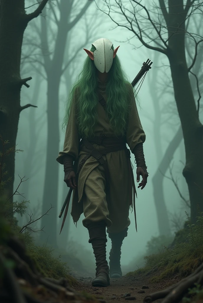 slender elf, with beautiful, wavy, voluminous moss green hair, face covered by a simple, straight white wooden tribal mask, with heavy, dark hunter's clothes, walking through a dark, foggy forest, with a bow on the back