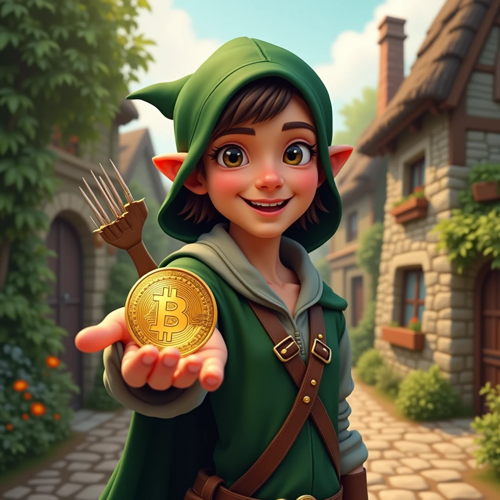 Smiling and Holding Crypto coin Robin Hood looking to the camera in village