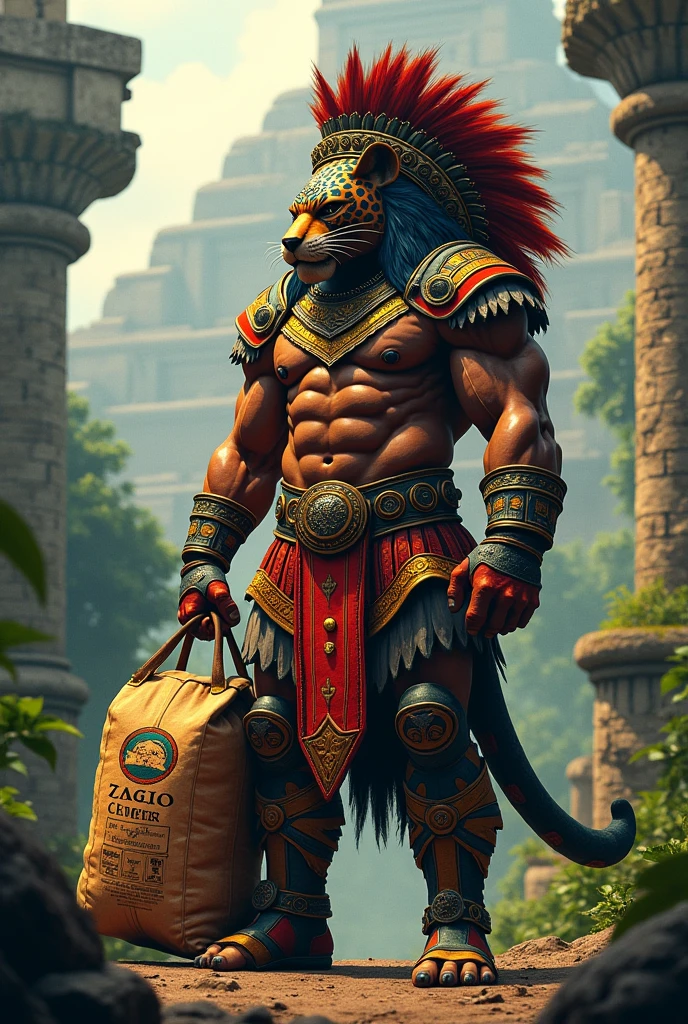 Generates an Aztec jaguar warrior carrying a bag of cement to promote cement company 