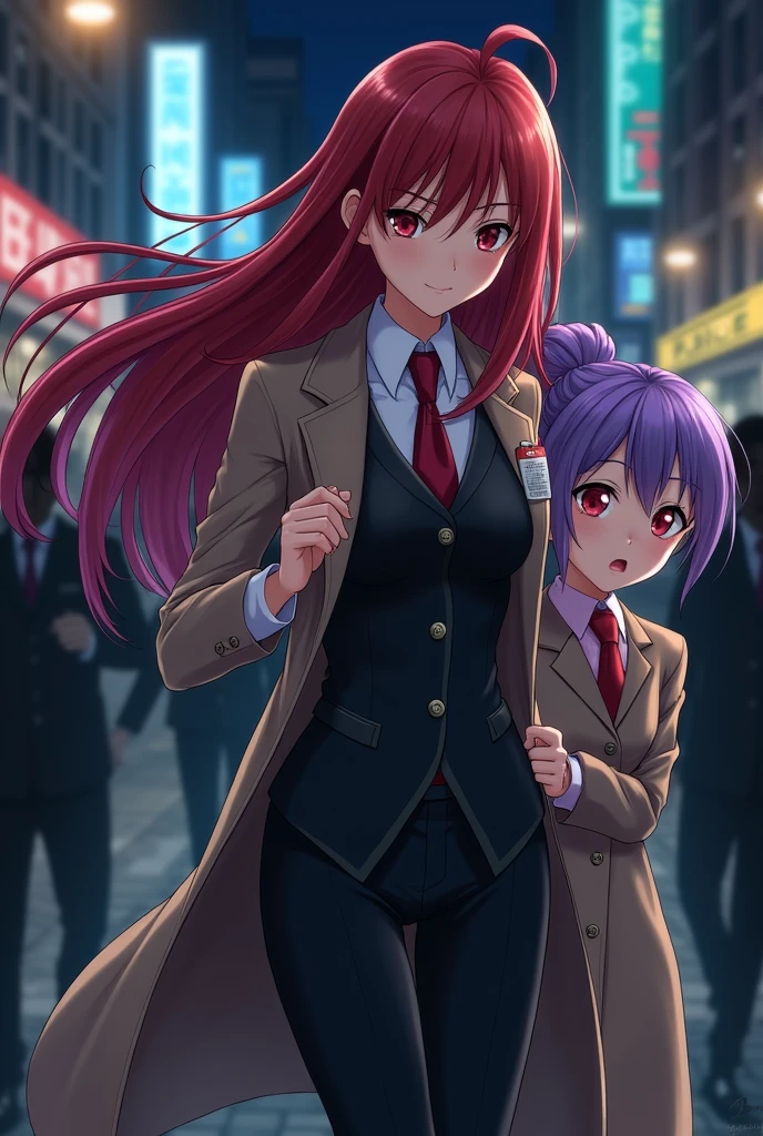 Anime character woman with long red hair and red eyes dressed as a detective helping a purple-haired girl.
