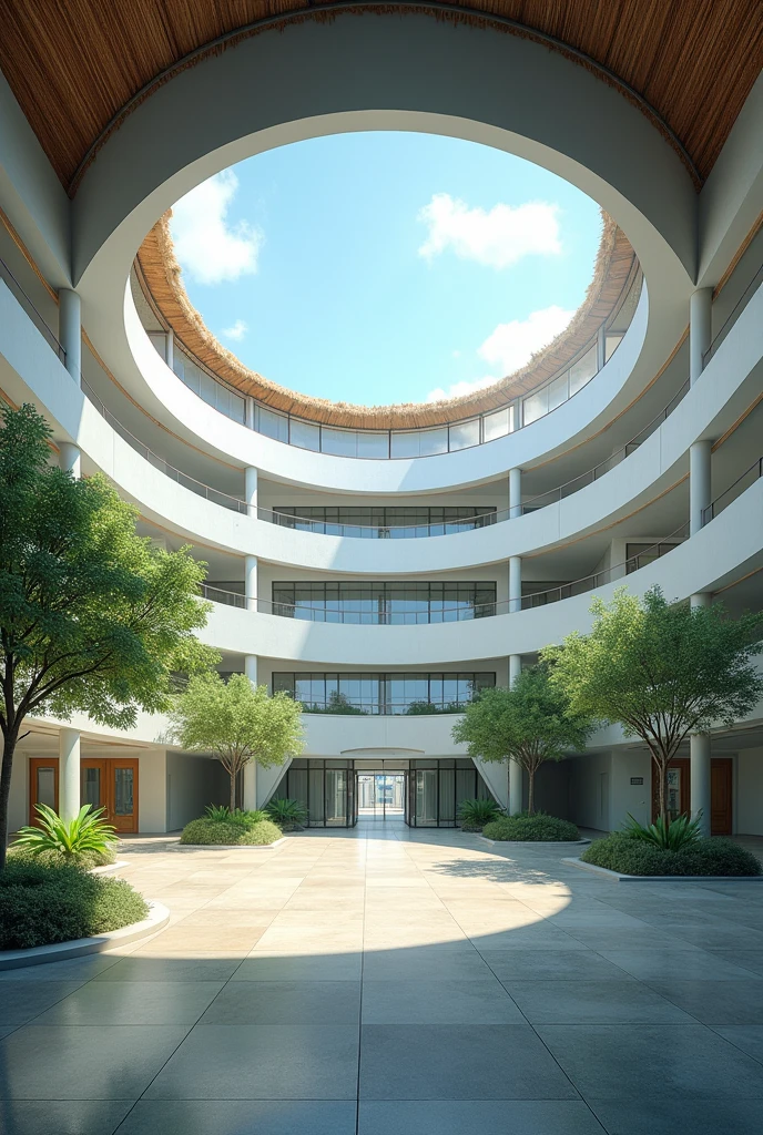 Straight polycarbonate skylight with a circular outline in a large square courtyard of a hospital with a height of four times higher where it is noticeable that the roof is made of straw.




